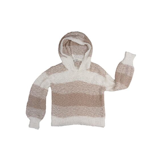 Moral Fiber Sweater HOODIE Size L TAN BROWN Knit Neutral Fuzzy Striped Soft Hood - Picture 5 of 16